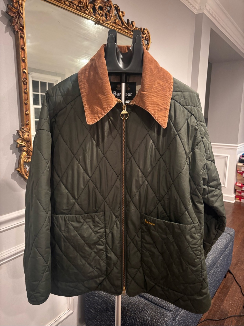Barbour Olive Quilted Jacket with Tan Corduroy Collar